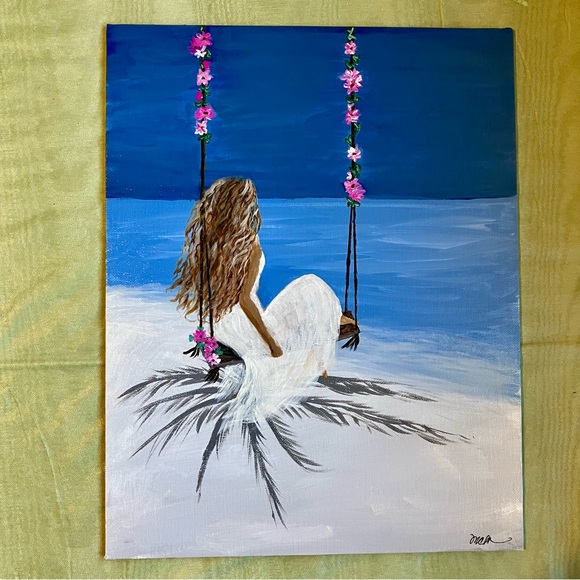Girl by the Beach Acrylic Art Landscape Painting on Canvas Board - Picture 1 of 3